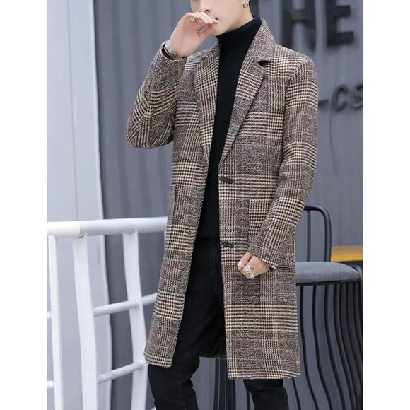 Men's Khaki Wool Blend Pea Coat Notched Collar Breasted Winter Trench Coat - Picture 7 of 8